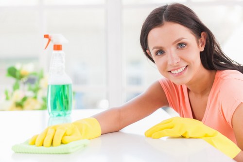 Commercial office cleaning in Canary Wharf with modern high-rise workspace setting