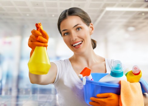 Carpet cleaning team using PPE and safe handling practices during a service