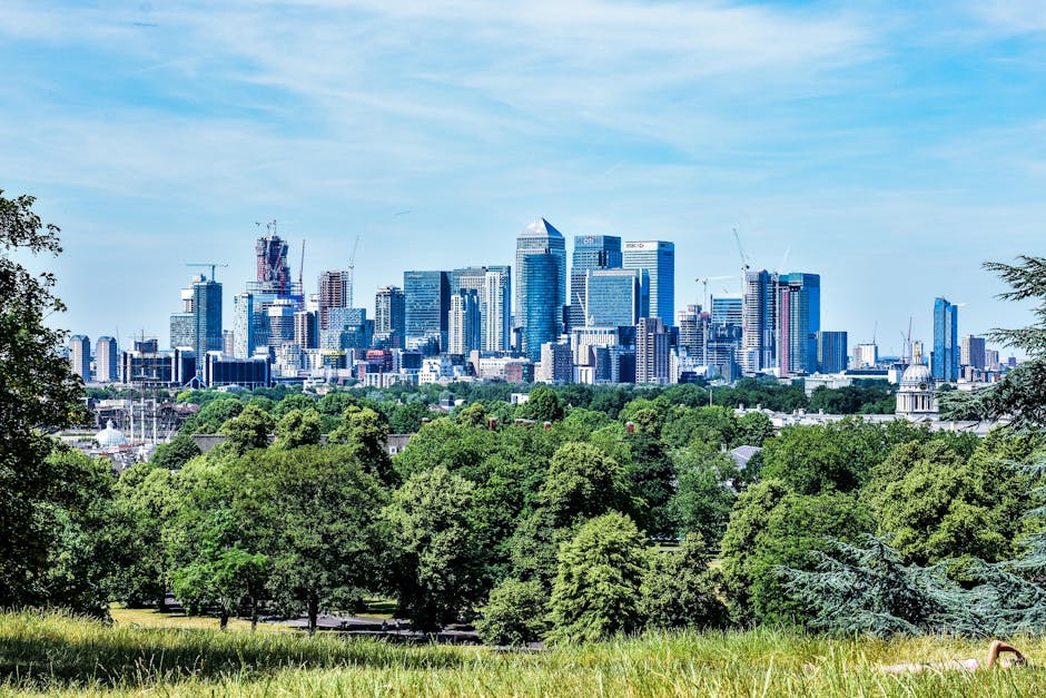 A wide view of Jubilee Park in Canary Wharf E14 showing lush green trees in the foreground with vibrant, well-maintained foliage. In the background, the modern Canary Wharf skyline features numerous h